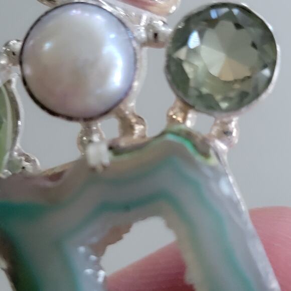 Green Druzy Geode Pendant, Sterling Silver Gemstone Necklace, Prehnite and Pearl - Picture 9 of 10